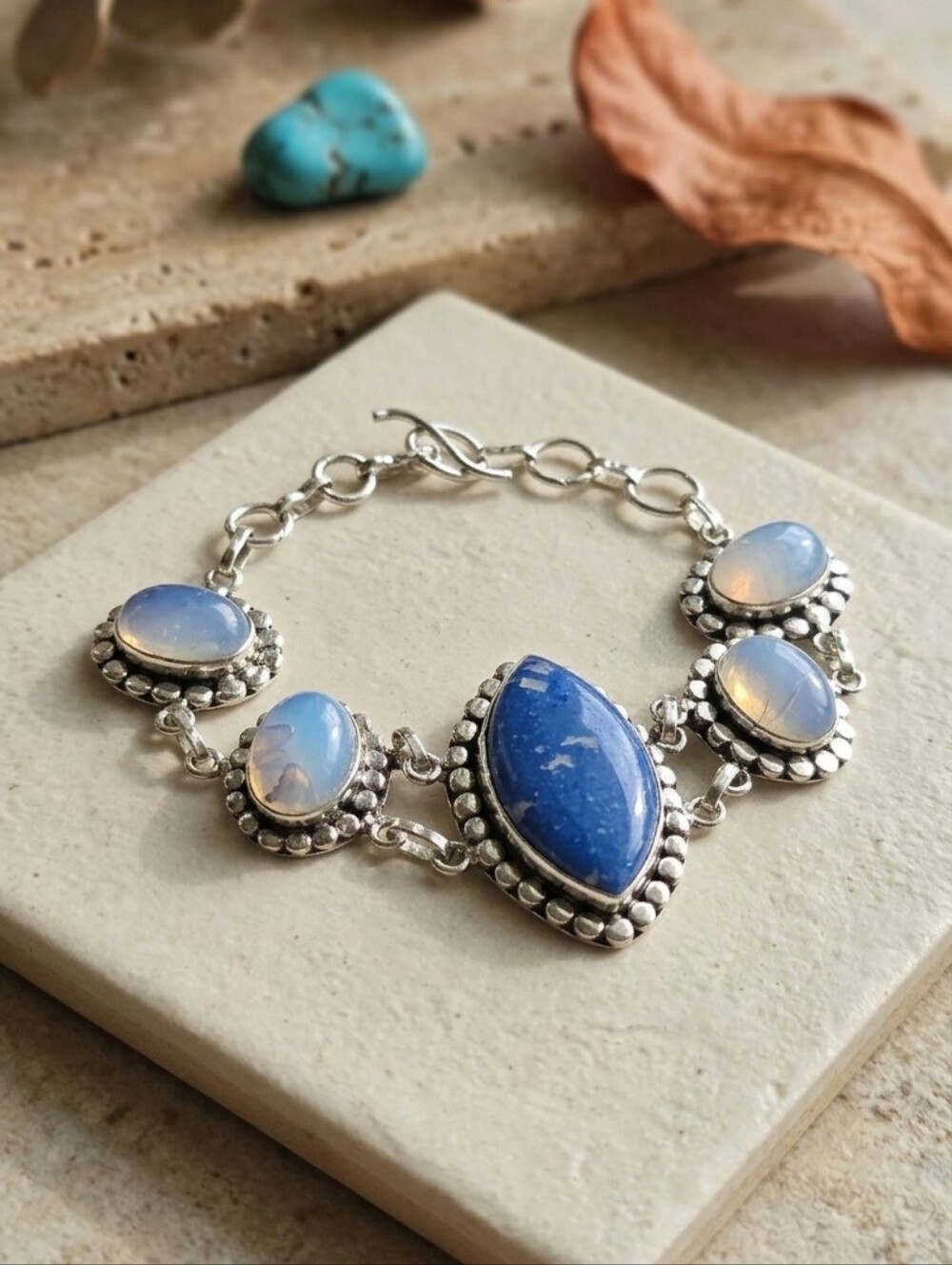 Triplet Opal S925 Sterling Silver Bracelet Bohemian Blue Adjustable Toggle 8"